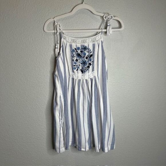 Abercrombie & Fitch X-Small Tie Shoulder Blue Stripe Boho Chic Embroidered Dress - Picture 1 of 11